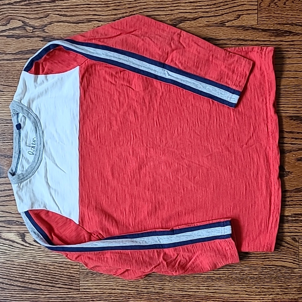 Mini Boden Boys Long Sleeve Cotton Tee in Red with Blue Stripes Size  9-10